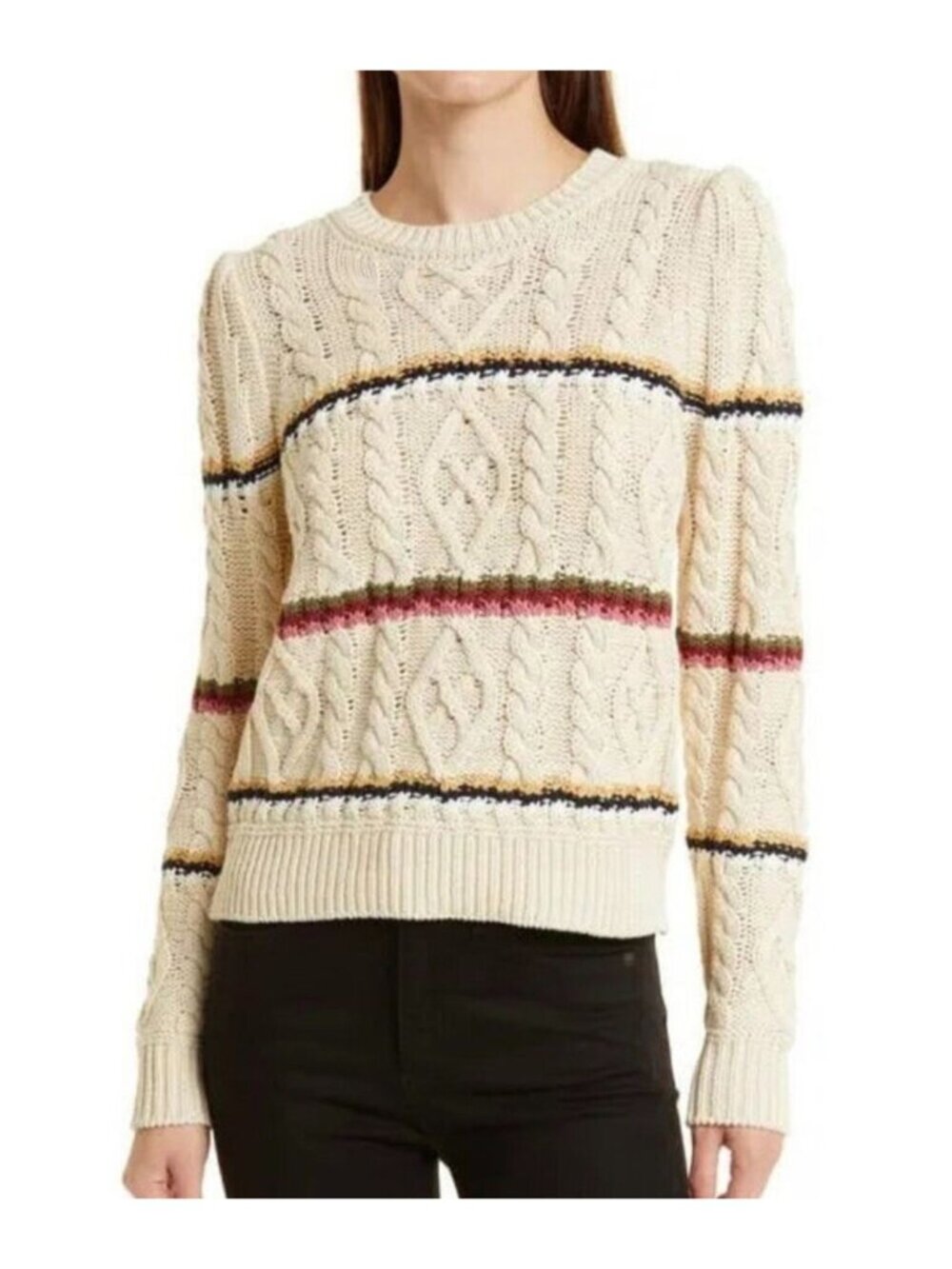 Veronica Beard Bruna Cable Knit Sweater Beige Cream Cotton Blend Women sz Small